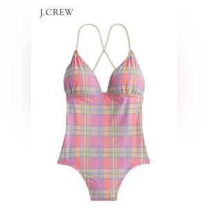 J. Crew NWT Strappy Cross-Back One Piece Swimsuit Sunset Plaid Size 20 Pink